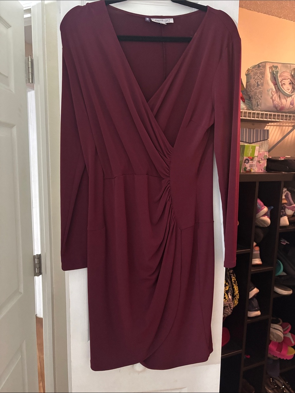 Jennifer Lopez Long-Sleeve Faux-Wrap Dress in Burgundy